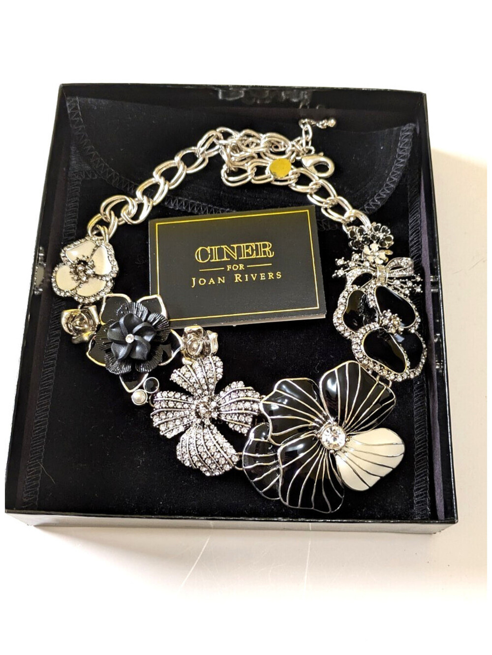 Ciner for Joan Rivers Black White Enamel Floral Statement Necklace Crystal Boxed